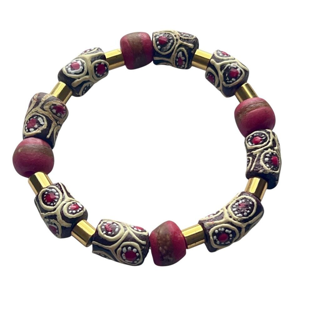 Beaded Stretch Bracelet African Trade Beads Red Brown Ethnic Unisex Handmade